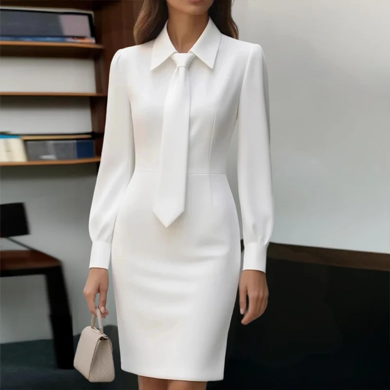 Women's Elegant Solid Color Belted Tie-neck Office & Formal Occasions, Long Sleeve Spring Summer Midi Dress