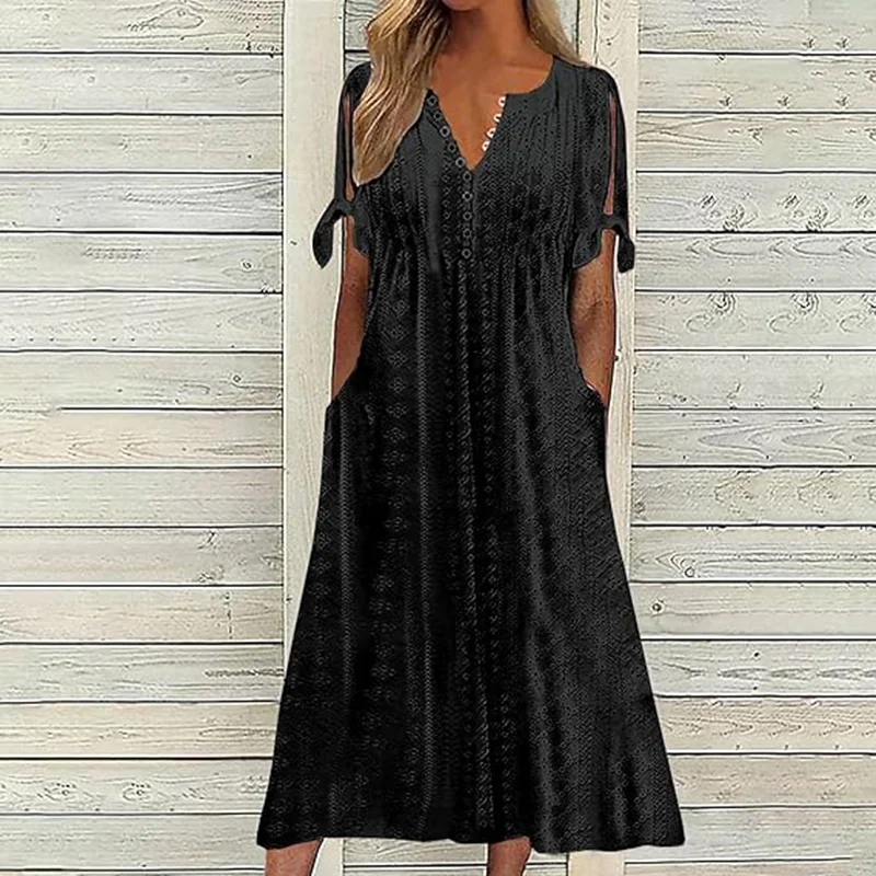 Women's Eyelet V-neck Maxi Dress Short Sleeve Flowy A-line Summer Beach Dress