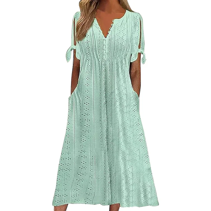 Women's Eyelet V-neck Maxi Dress Short Sleeve Flowy A-line Summer Beach Dress