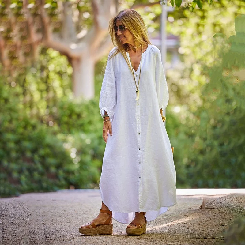 Women's Fashion Casual Cotton Linen Shirt Dress