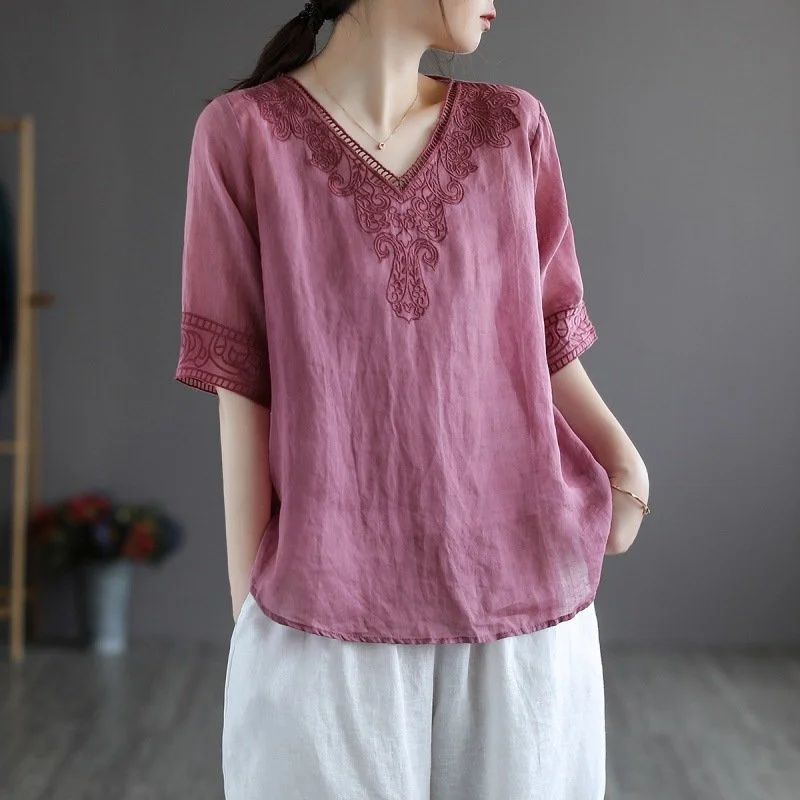 Women's Fashion Retro Cotton and Linen Embroidered V-neck Short-sleeved T-shirt