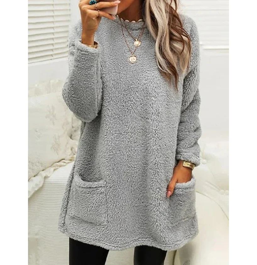 Women's Fleece Pullover Long Sweater with Pockets Winter Warm Thinken Sweatershirt Casual Long Sleeve Plush Tops Hoodie Coat Streetwear Fall Loose Outfits Hoodie Tops