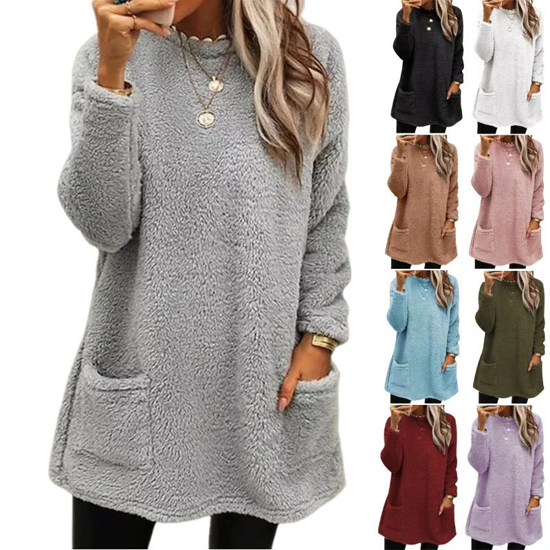 Women's Fleece Pullover Long Sweater with Pockets Winter Warm Thinken Sweatershirt Casual Long Sleeve Plush Tops Hoodie Coat Streetwear Fall Loose Outfits Hoodie Tops