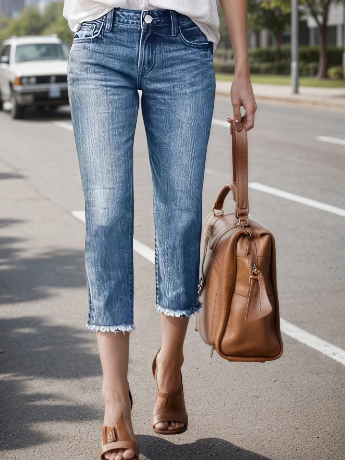 Women's Jeans with Fringe Hem, Built-in Zipper Closure, Straight Cut, Women's Cropped Jeans