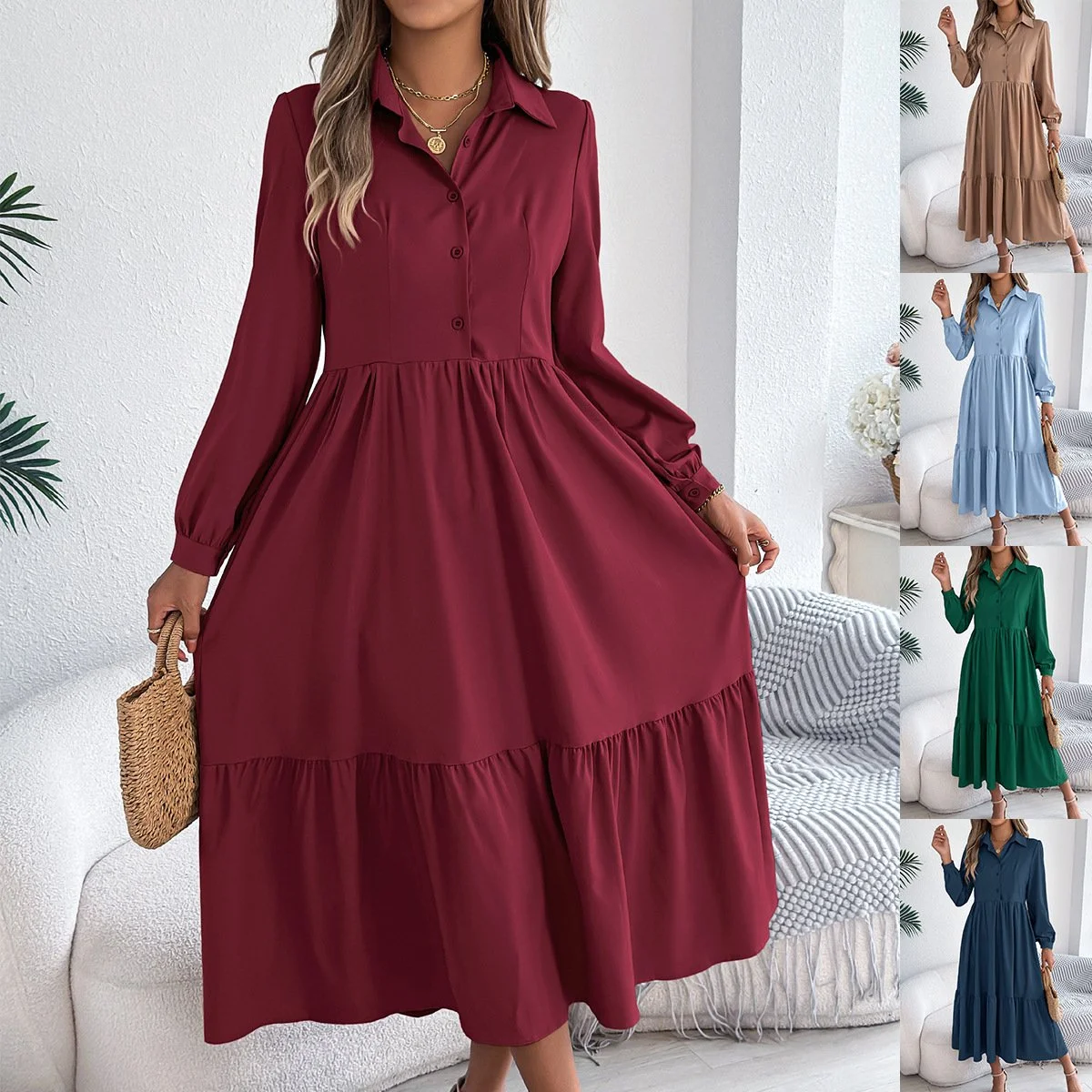 Women's Lapel Casual Loose Long Sleeve Ruffled Shirt Dresses Long Sleeved Turn-down Collar Single-breasted Dress Spring Autumn Fashion Women's Clothing for Vacation