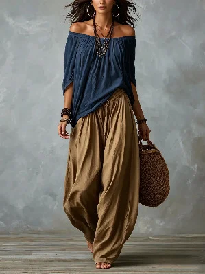 Women's Off-shoulder Suit Long Sleeve Top and Flare Leg Pants Set - Loose Fit Casual Two Piece Outfit