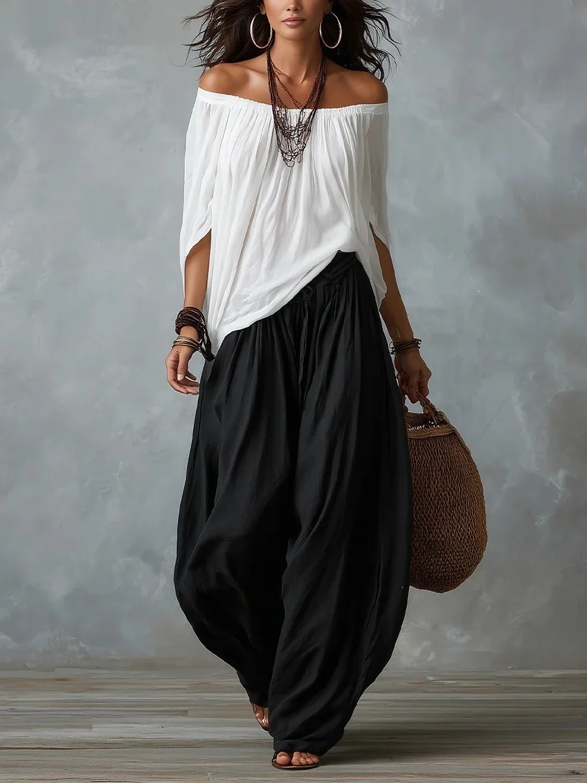 Women's Off-shoulder Suit Long Sleeve Top and Flare Leg Pants Set - Loose Fit Casual Two Piece Outfit