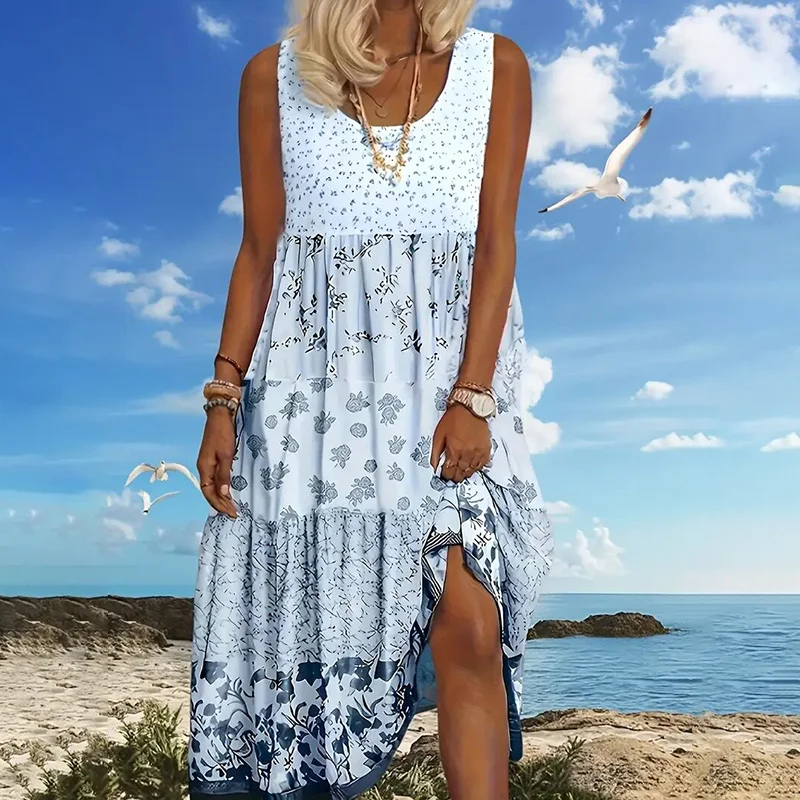 Women's Plus Size Boho Floral Dresses Sleeveless Tiered Pleated Swing Long Sundress