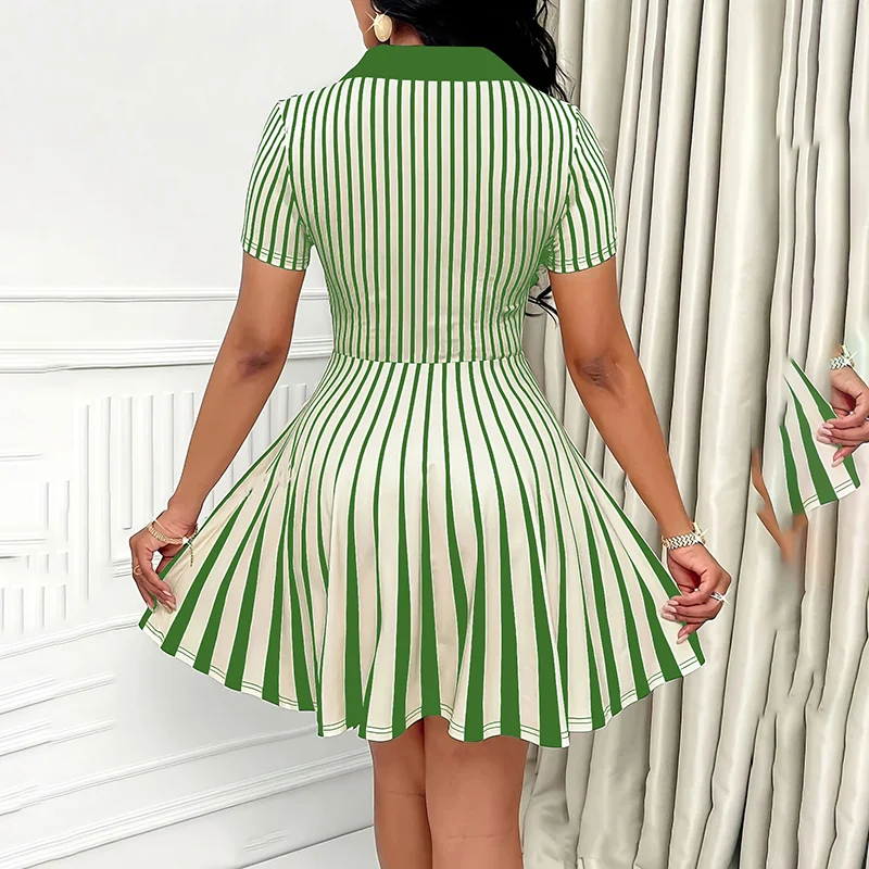 Women's Polo Dress Elegant Striped V Neck Short Sleeve a Line Dresses