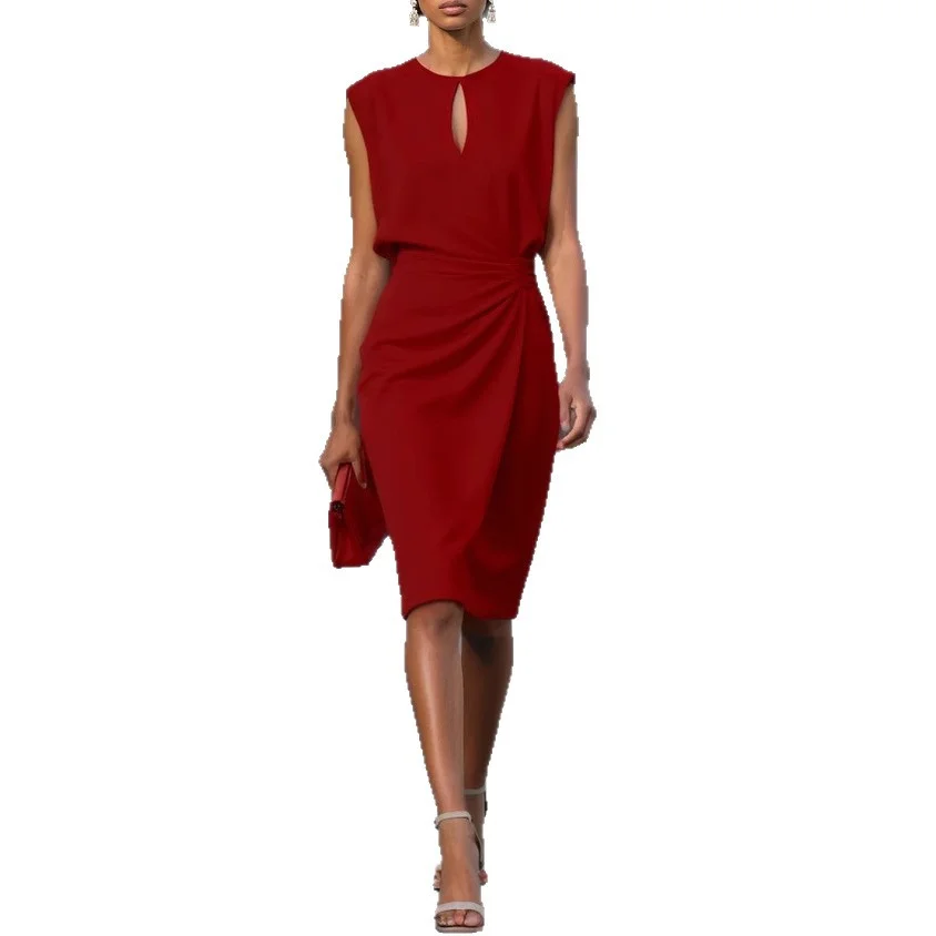 Women's Retro Elegant Solid Color Cross Front Knotted Round Neck Hollow Out Dress - Lightweight Summer Casual A-line Midi Dress Party Dresses