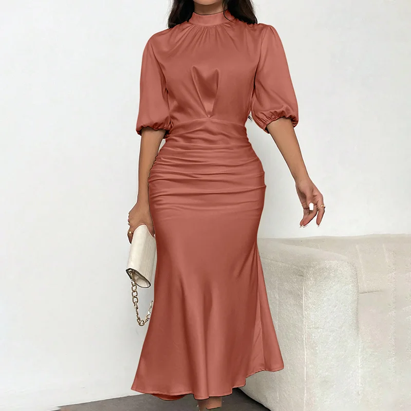 Women's Short Sleeve Mock Neck Ruched Midi Dress Slim Fit Elegant Party Dress
