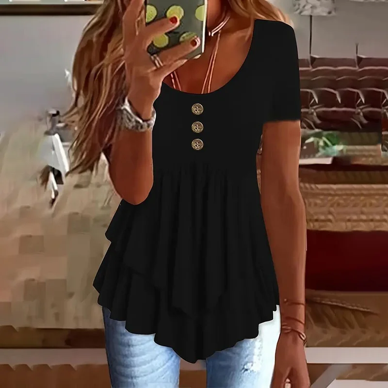 Women's Solid Color Button Front Tunic Top Casual Loose Fit Crew Neck Summer Blouse T-shirt