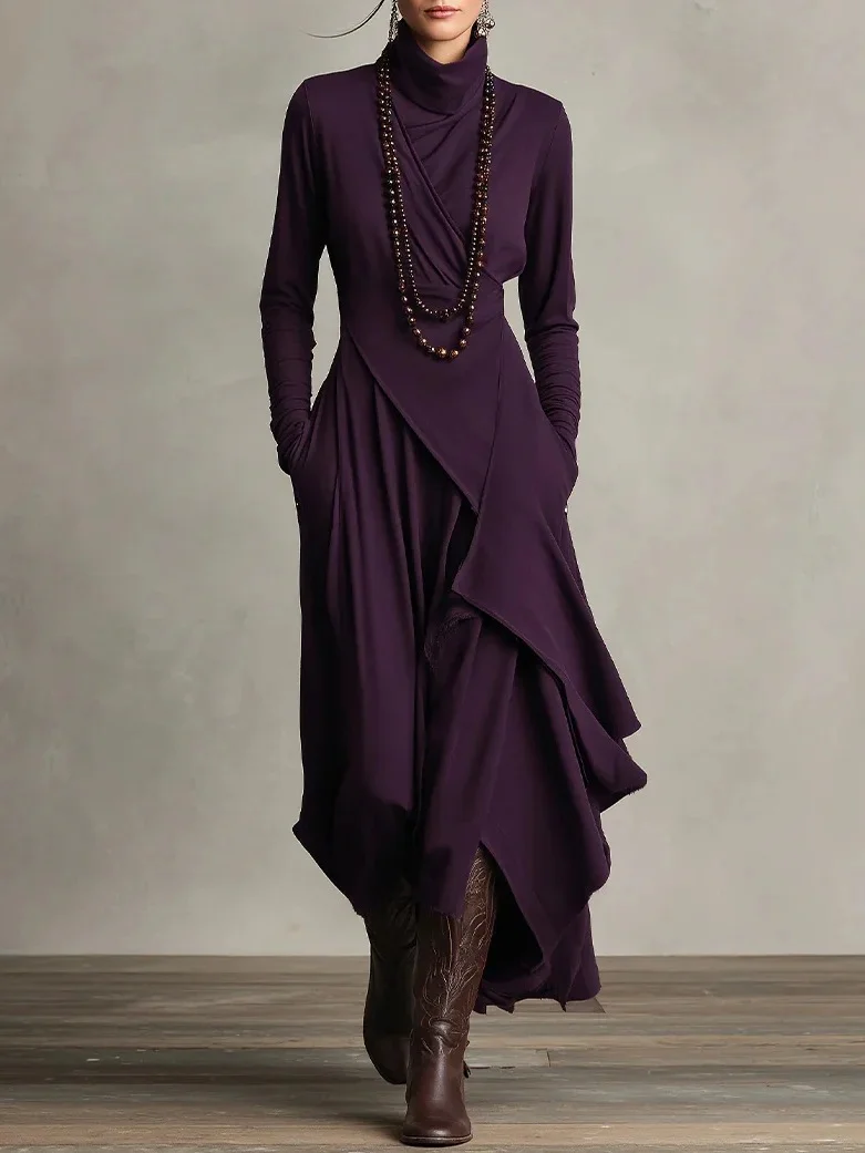 Women's Solid Color Cross Sleeve High Neck Dress Elegant Long Sleeve Bodycon Party Evening Gown Casual Daily Wear Clothing