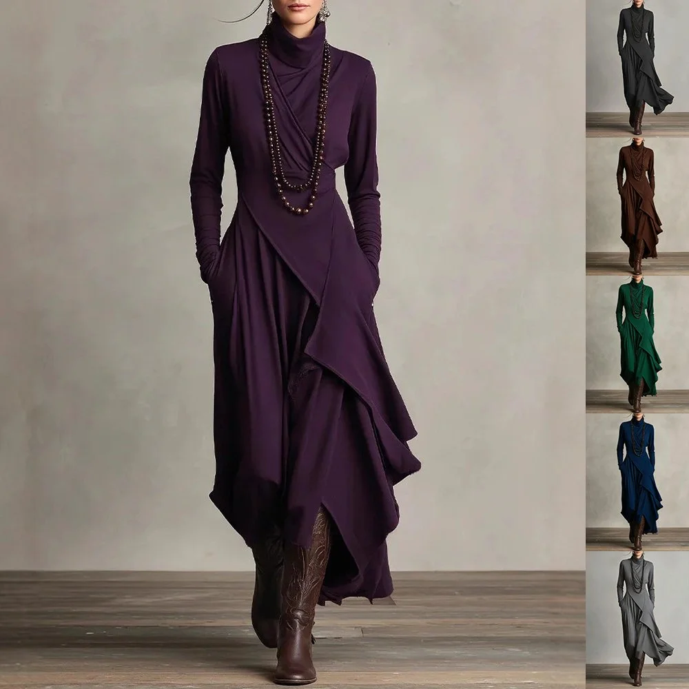 Women's Solid Color Cross Sleeve High Neck Dress Elegant Long Sleeve Bodycon Party Evening Gown Casual Daily Wear Clothing