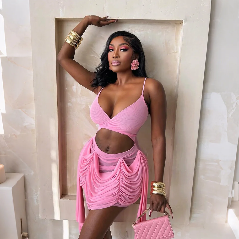 Womens Solid-color Deep-v Halter Dress