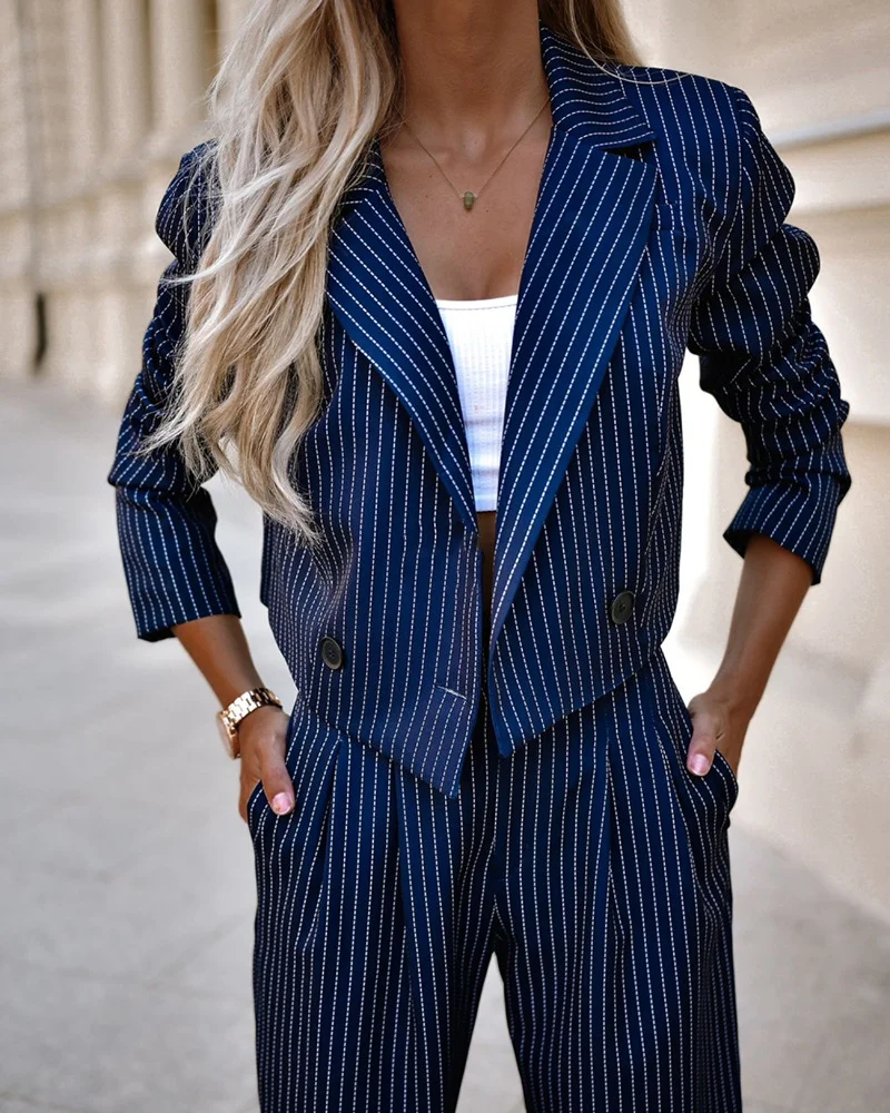 Women's Spring Fashion Striped Suits Casual Lapel Long Sleeve Cropped Top and Straight Pants Outfits Women's Clothing