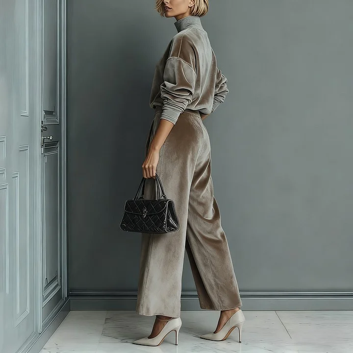 Women's Suits High Neck Zipper Long Sleeve Tracksuit - Solid Color Wide Leg Casual Warm Sportswear Set