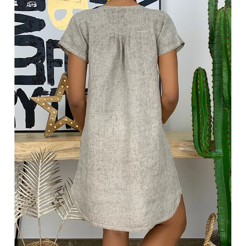 Womens Summer Casual Solid Color V Neck Short Sleeve Dresses Boho Beach Sundresses