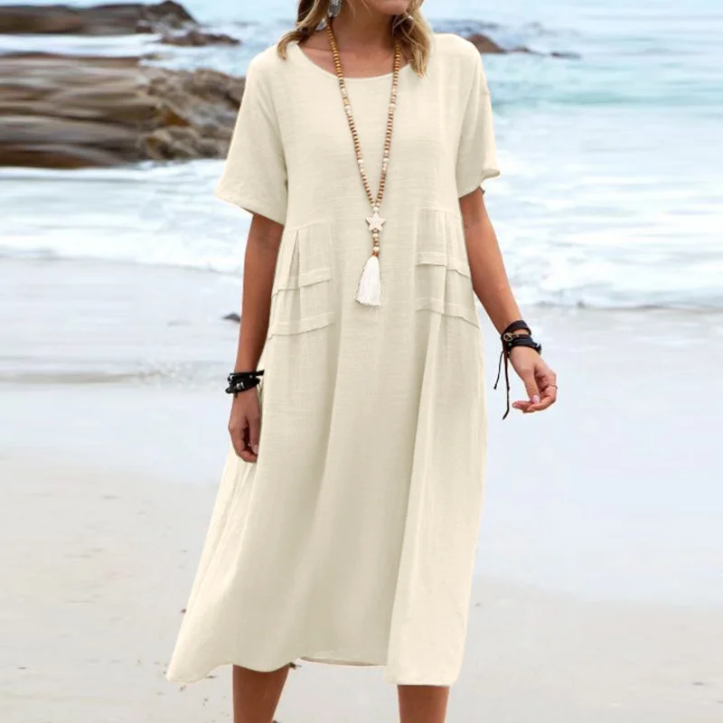 Women's Summer Loose Casual Midi Dress Breathable Cotton Linen Short-sleeve Mid-length Dresses Women Simple Beach Dress