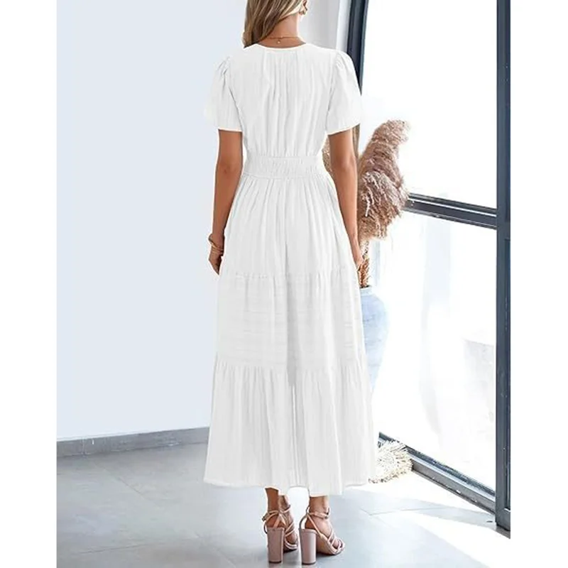 Women's Summer Short Sleeve V Neck Swing Dress Flowy Pleated Tiered Maxi Beach Sundress with Pockets