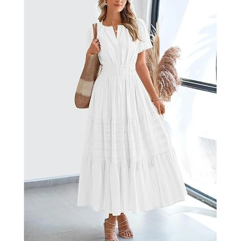 Women's Summer Short Sleeve V Neck Swing Dress Flowy Pleated Tiered Maxi Beach Sundress with Pockets