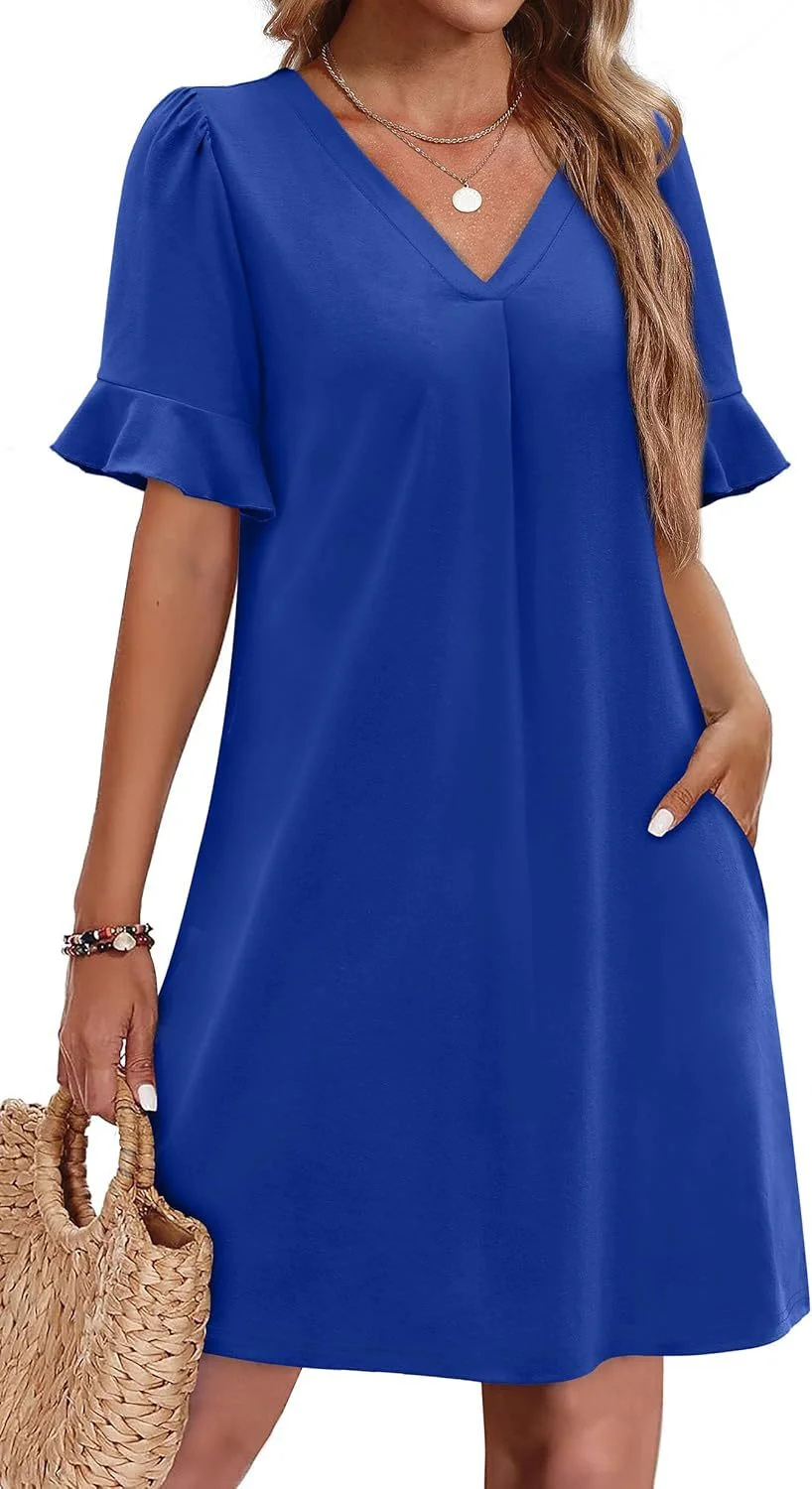 Women's V-neck Vacation Elegant Ruffled Dress with Pockets