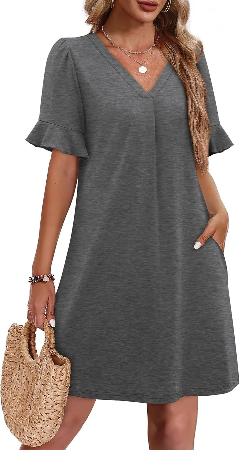 Women's V-neck Vacation Elegant Ruffled Dress with Pockets