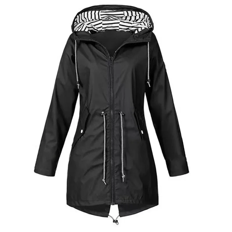 Womens Waterproof Raincoat Casual Basic Outdoors Drawstring Trench Lightweight Drawstring Jackets Hiking Clothes for Women
