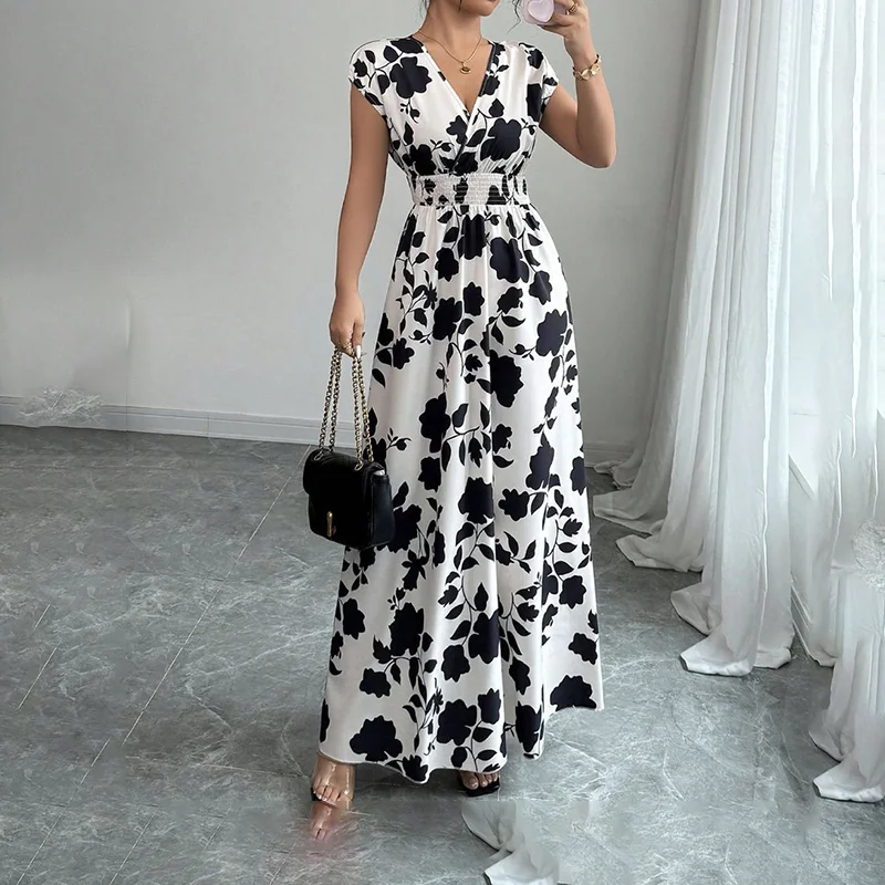 Women's Wrap V Neck Short Sleeve Empire Elastic Waist Summer Casual Elegant Maxi Long Dresses