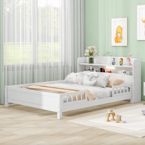 Wood Full Size Platform Bed with Built-in Led Light, Storage Headboard and Guardrail, White