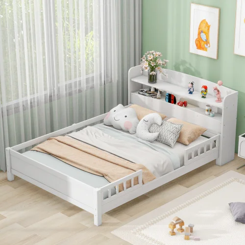 Wood Full Size Platform Bed with Built-in Led Light, Storage Headboard and Guardrail, White