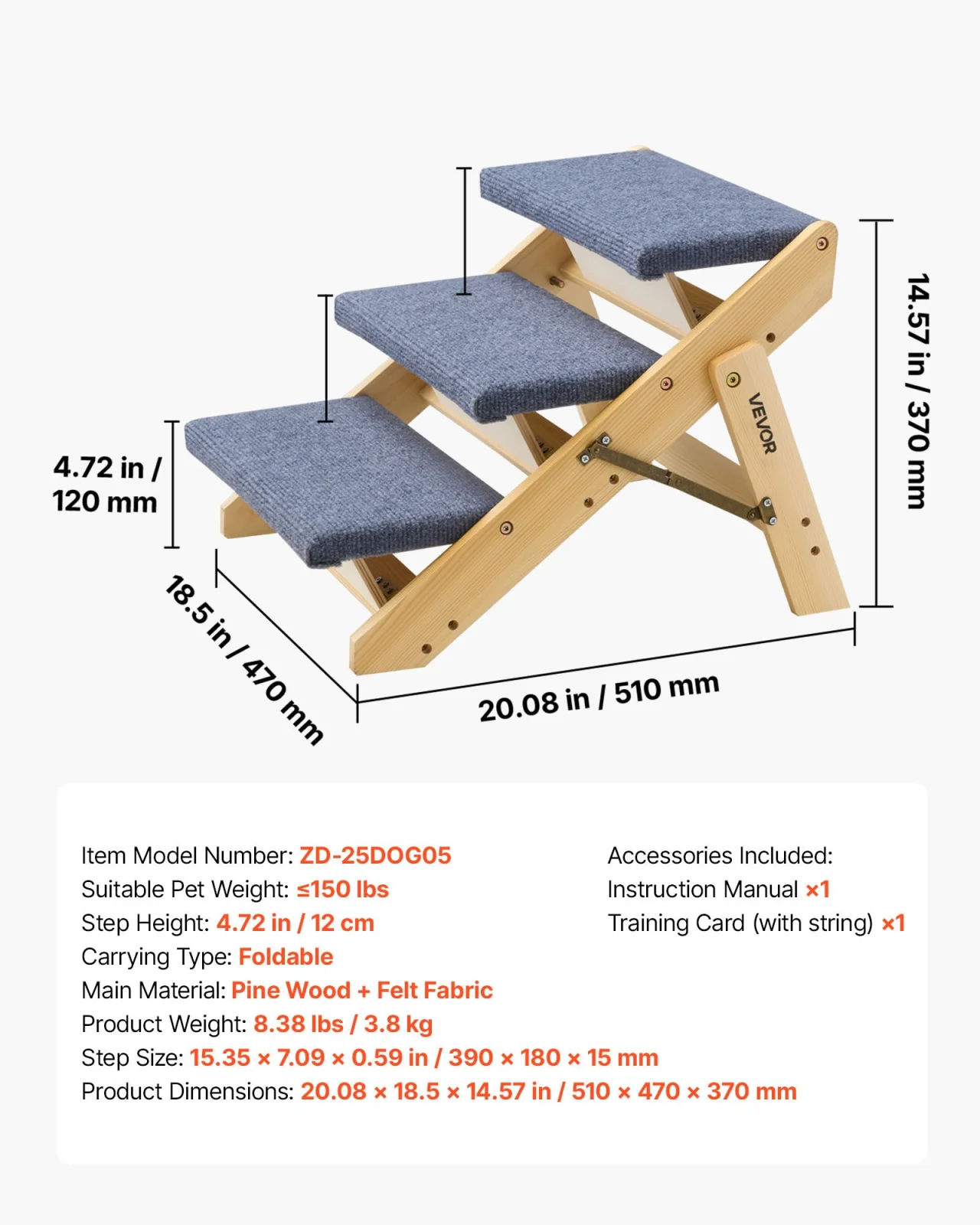 Wooden 3‑Step Pet Stairs – Fold‑Flat, Non‑Slip Fabric Cover, Holds 150 lb