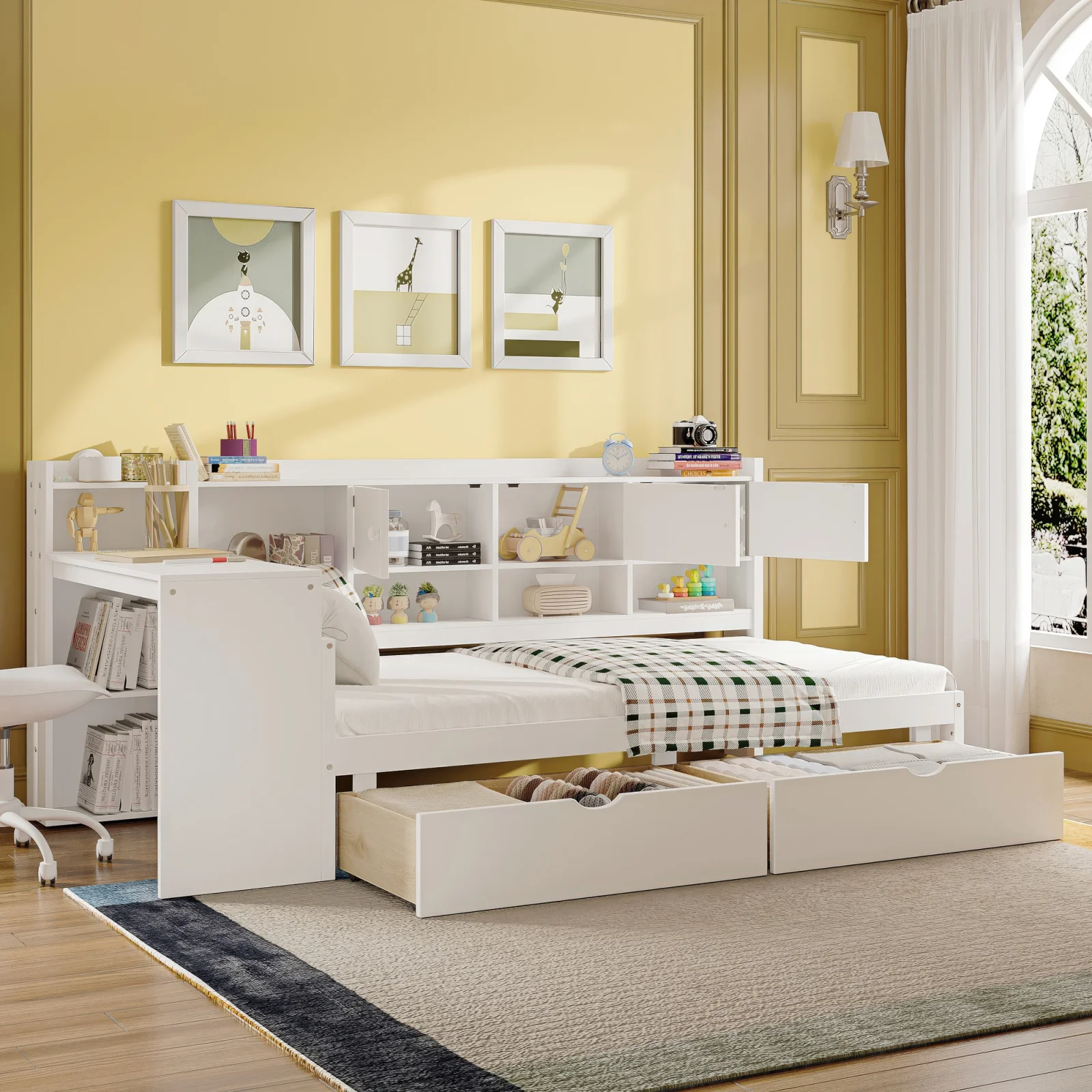 Wooden L-shape Daybed with Seven Storage Cabinets and Two Storage Drawers, Multi-functional Bed with Study Desk and Built-in Bookshelf, White