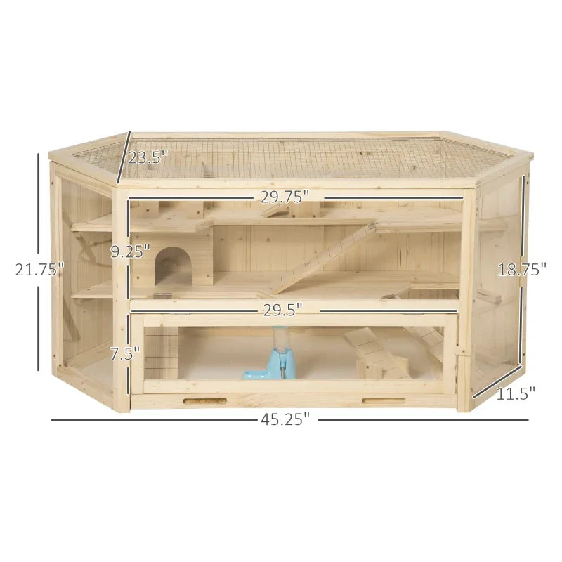 Wooden Large Hamster Cage Small Animal Exercise Play House 3 Tier with Tray, Seesaws, Water Bottle, Activity Center, Natural