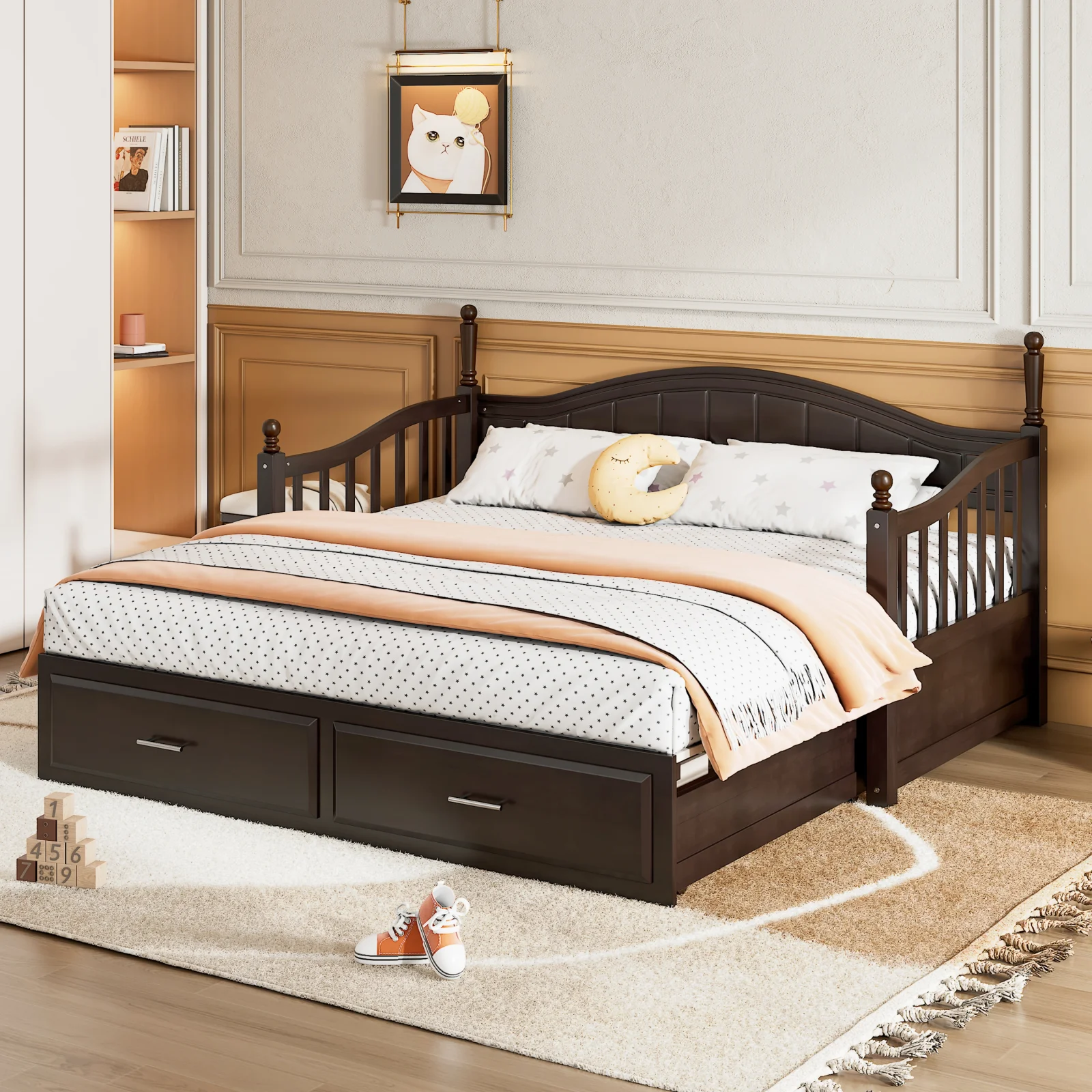 Wooden Twin Size Daybed with Twin Size Trundle, Extendable Daybed with Two Storage Drawers, Espresso Expected Arrival Time 9.12