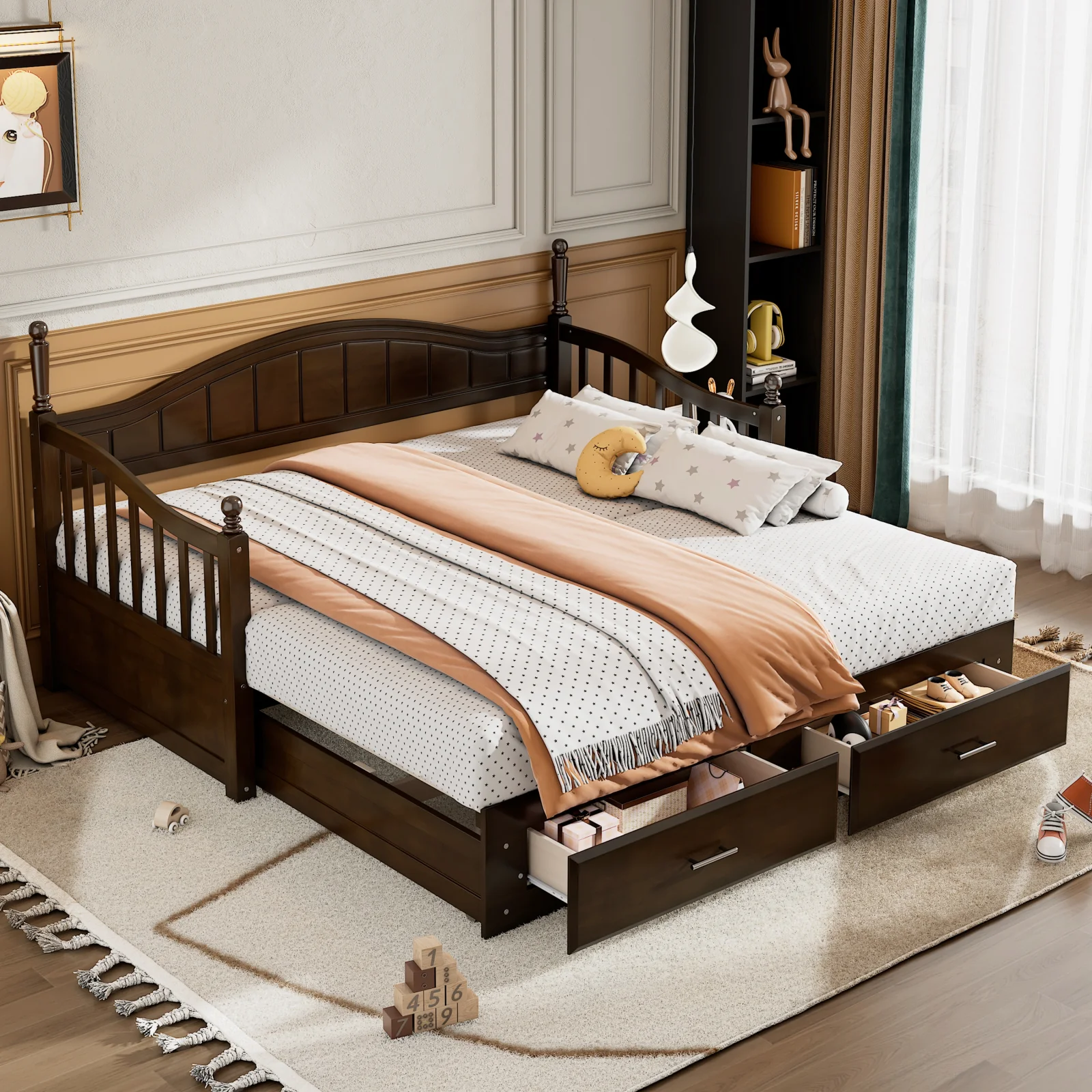 Wooden Twin Size Daybed with Twin Size Trundle, Extendable Daybed with Two Storage Drawers, Espresso Expected Arrival Time 9.12