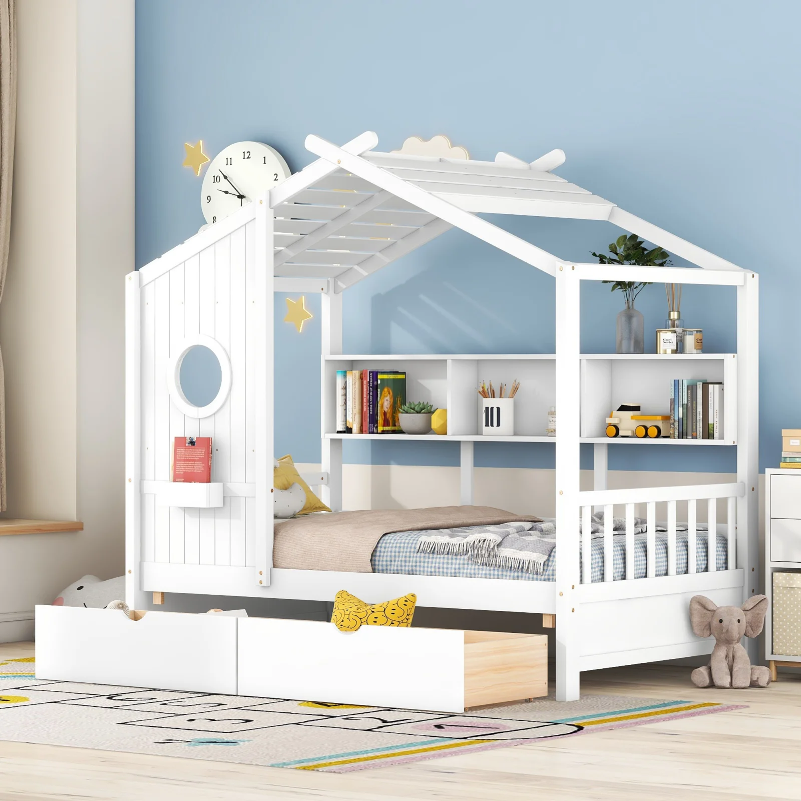 Wooden Twin Size House Bed with 2 Drawers,kids Bed with Storage Shelf, White