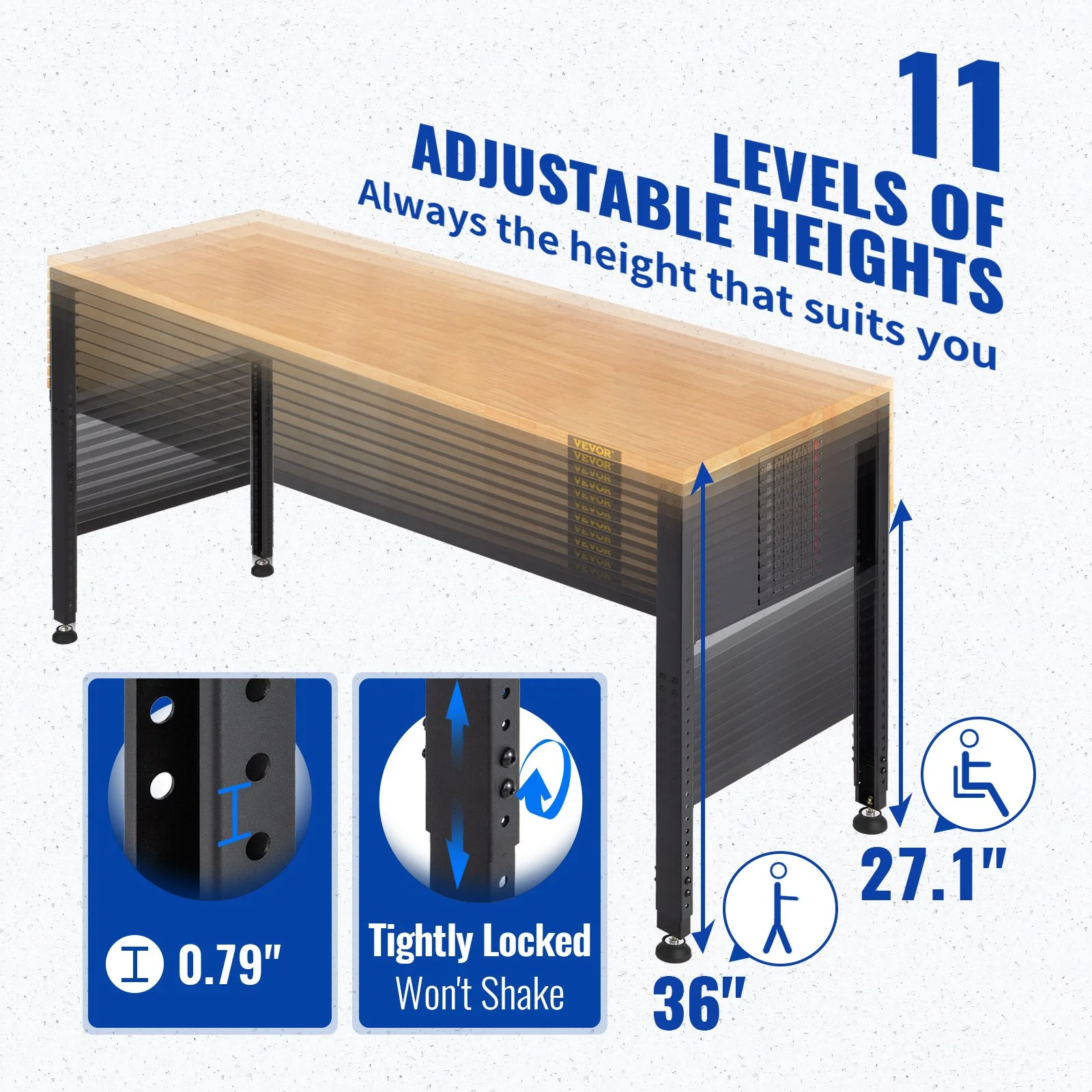 Workbench Adjustable Height, 2000 Lbs Load Capacity, with Power Outlets & Hardwood Top & Metal Frame & Foot Pads, for Workshop Office Home