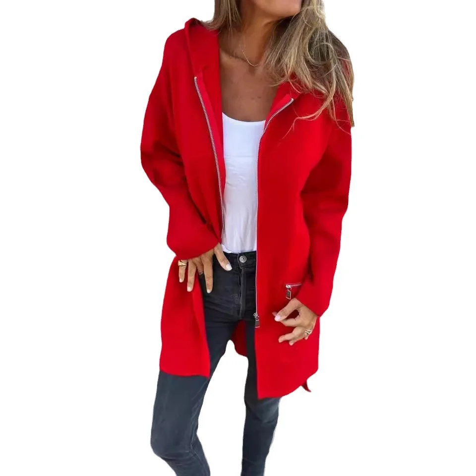 Zip-up Hooded Cardigan Coat Fashion Solid Color Pocket Jacket Fall and Winter Women's Coat Clothing