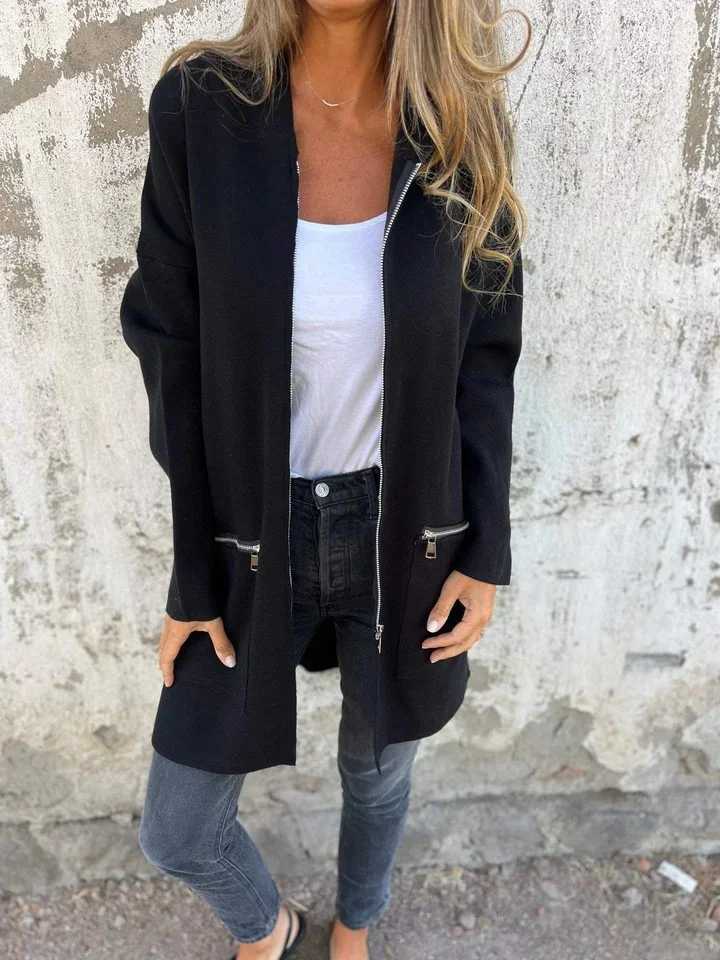 Zip-up Hooded Cardigan Coat Fashion Solid Color Pocket Jacket Fall and Winter Women's Coat Clothing