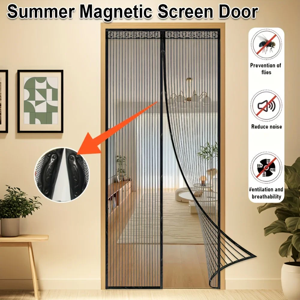1 Black Magnetic Screen Door Curtain - Pet-friendly, No-drill Installation, Durable Fine Mesh with Strong Magn