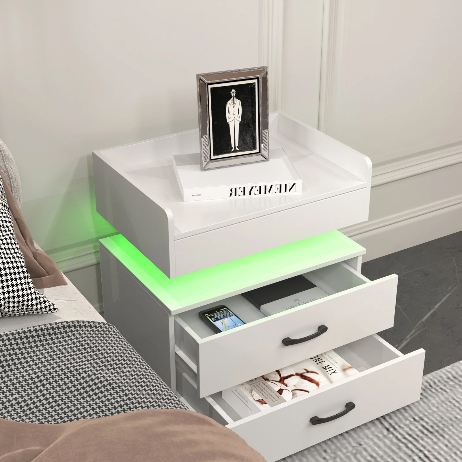 1 Set Nightstand with Adjustable Led Strip Light, 2-drawers, Large Storage Space, Suitable for Bedside Table, 