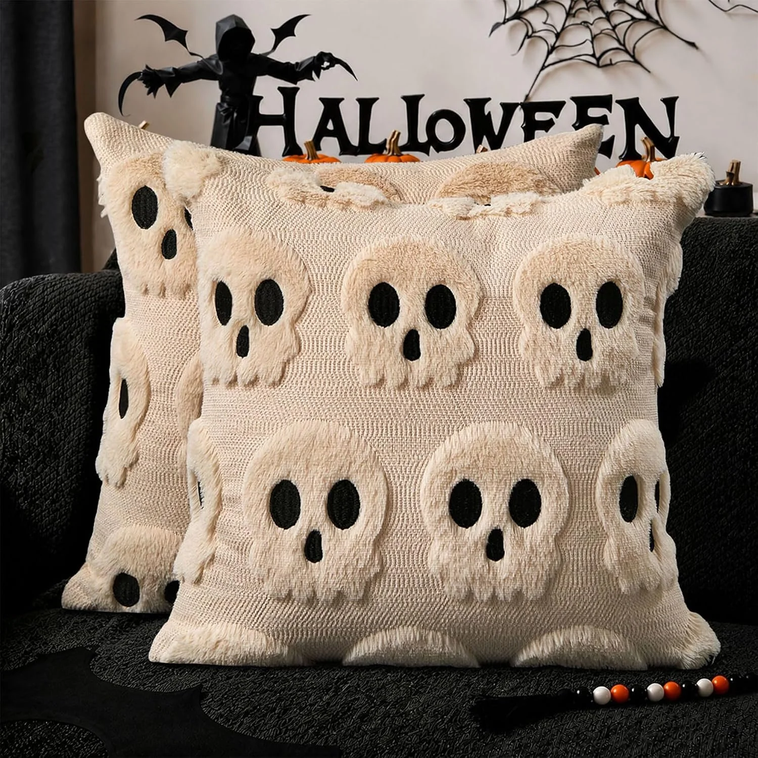 18x18 Inch Halloween Pillow Covers Set of 2, Beige Ghost Pumpkin Skeleton Plush Faux Fur Cushion Case for Couc