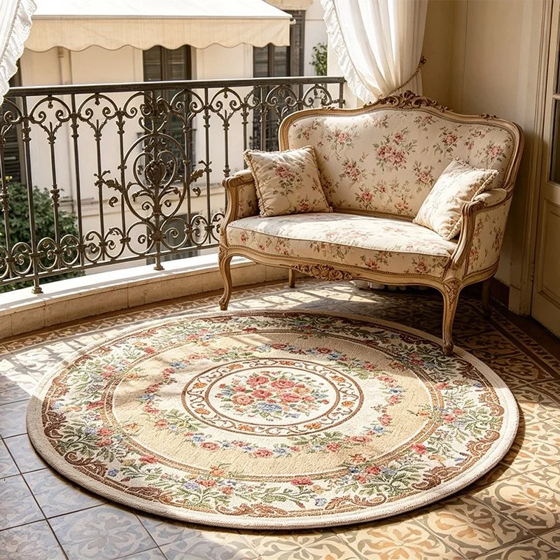 1pc European Retro Style French Pastoral Style American Country Style Floral Pattern Round Carpet