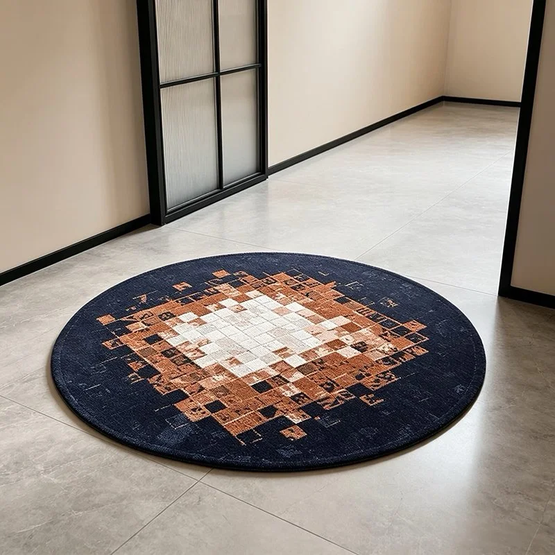 1pc Modern Ethnic Style Round Carpet, Distressed Mosaic Geometric Block Pattern, Suitable for Living Rooms and