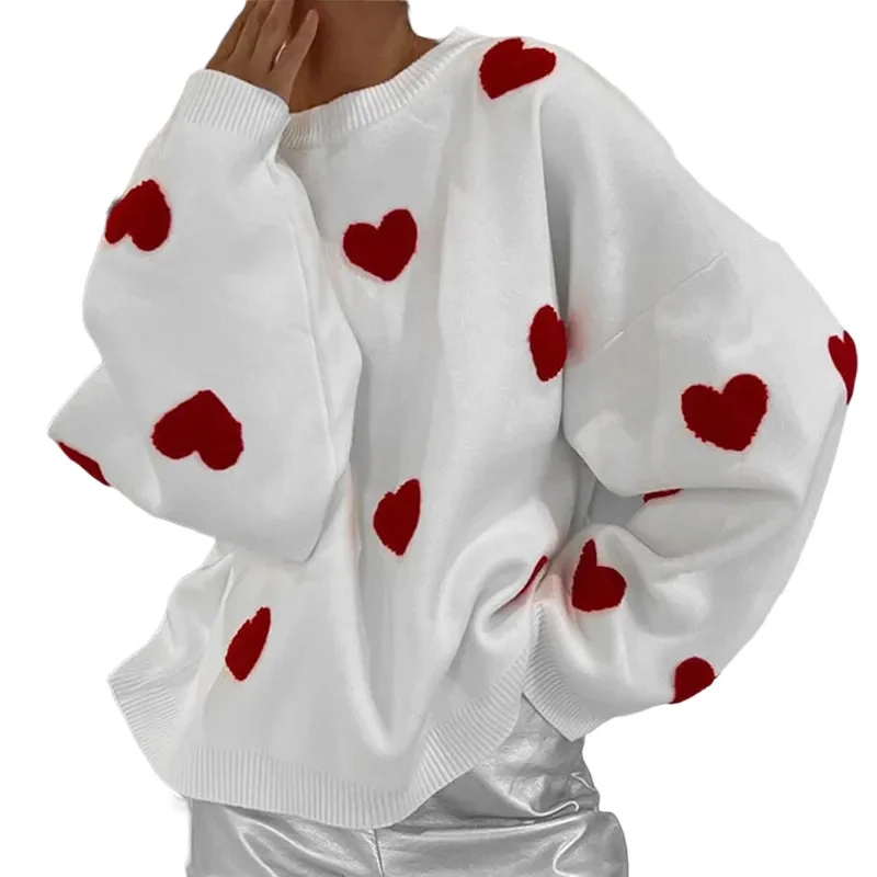 2024 European and American Pullover Love Sweater Crewneck Long Sleeve Loose Knitted All-match Sweater Casual T