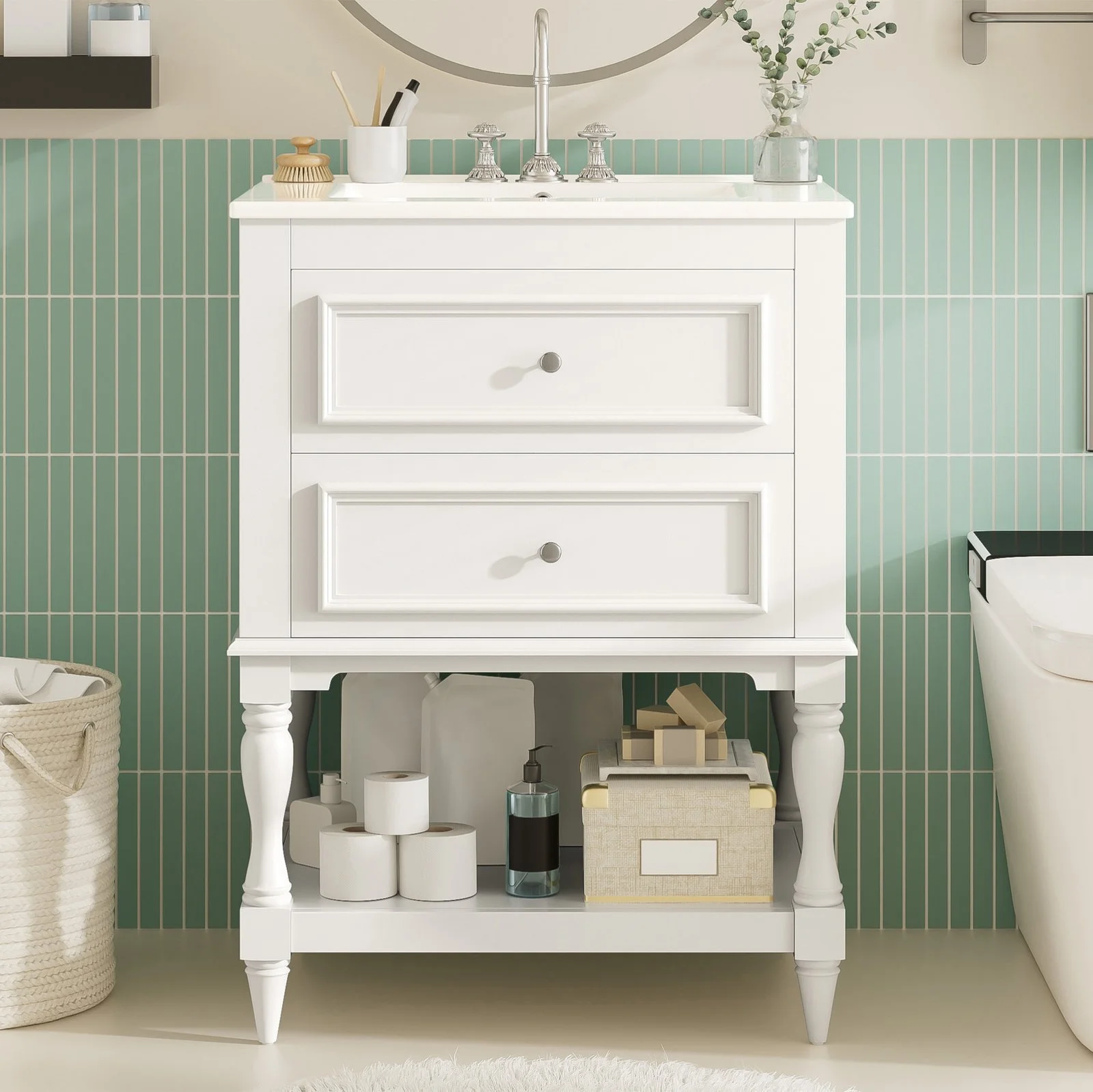 24'' Bathroom Vanity with Ceramic Sink, Bathroom Storage Cabinet with Open Shelf , Retro Design Bathroom Cabin