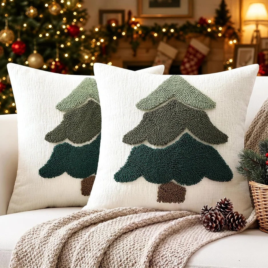2pcs Chenille Christmas Tree Pillow Covers 18x18, Green Holiday Decor