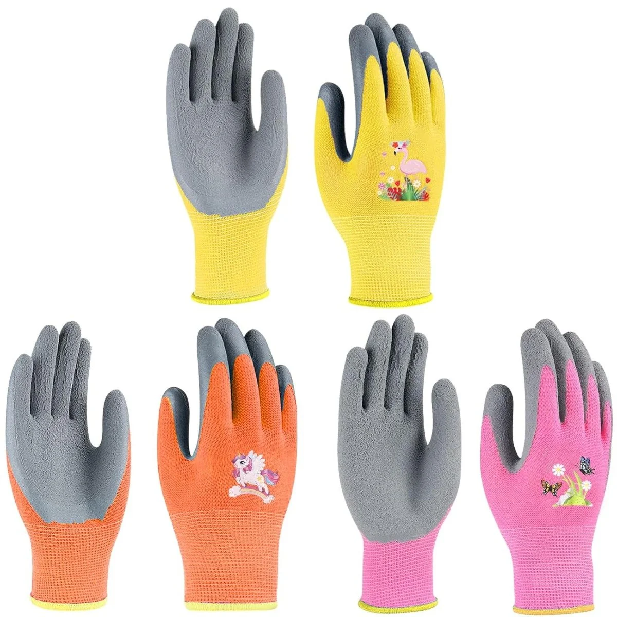 3-Pair Stretchy Gardening Gloves with Unicorn & Flower Patterns
