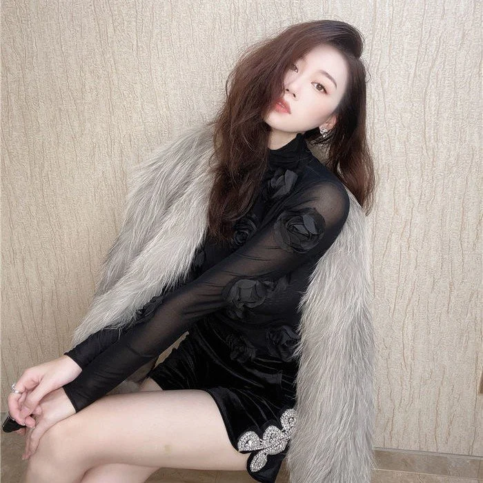 3D Floral Mock Neck Long Sleeve Top